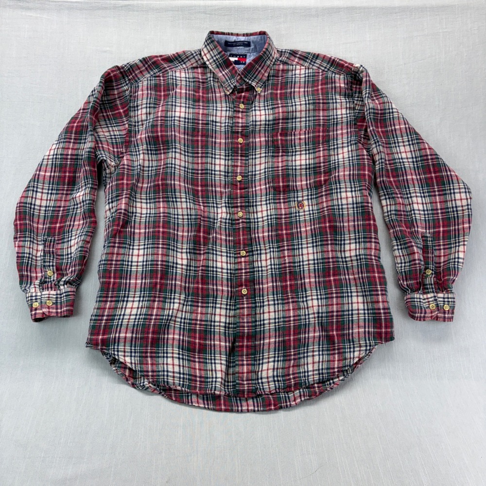 Tommy Hilfiger Button Down Shirt Mens Large Linen Plaid Red Green Crest Logo